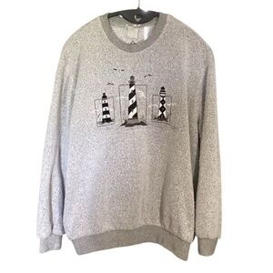 Vintage 90s Embroidered Lighthouses Fleece Sweat Shirt BonWorth